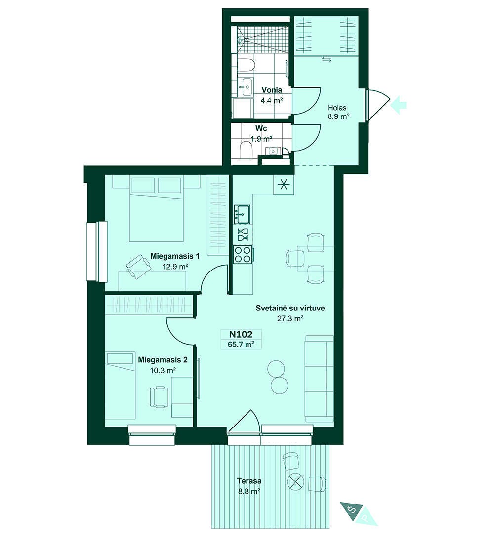 N102,3Kambariai,Plotas65,71 m²